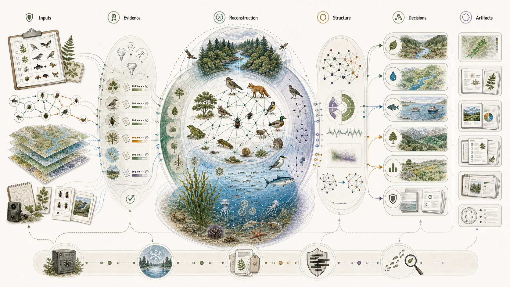 The AI Ecologist engine: from a species list, through the reconstruction, to the living network and decision-ready instruments.